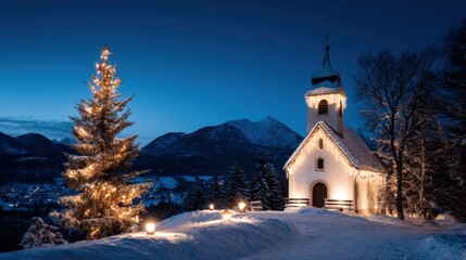 Scenic Winter Chapel at Night with Illuminated Christmas Tree and Snowy Mountain Backdrop