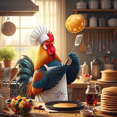 A vibrant rooster chef expertly flips a pancake in a kitchen filled with cooking utensils, ingredients, and a sunny window