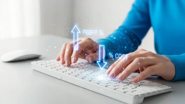 Person typing on keyboard with glowing profit increase and cost decrease arrows