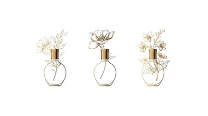 Elegant perfume logo with golden floral line art and minimalist bottle silhouette on white background, Concept: Luxury perfume branding, feminine elegance, minimalist and refined logo design.