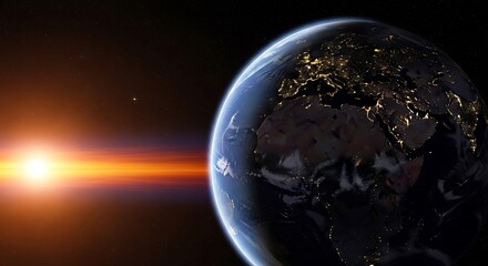 A vibrant sunrise casts a golden glow, illuminating part of a terrestrial globe against a vast, dark cosmos. City lights sparkle