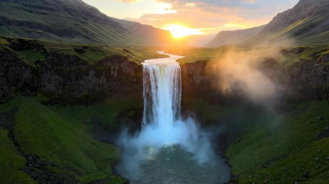 Aerial view of a powerful milky waterfall cascading down a lush green mountain face at sunrise landscape, motion, mist - Powered by Adobe
