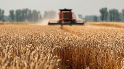 Fototapeta premium Combine Harvester Harvesting Wheat Crop in Field, Agriculture and Farming, Food Production, Rural Landscape