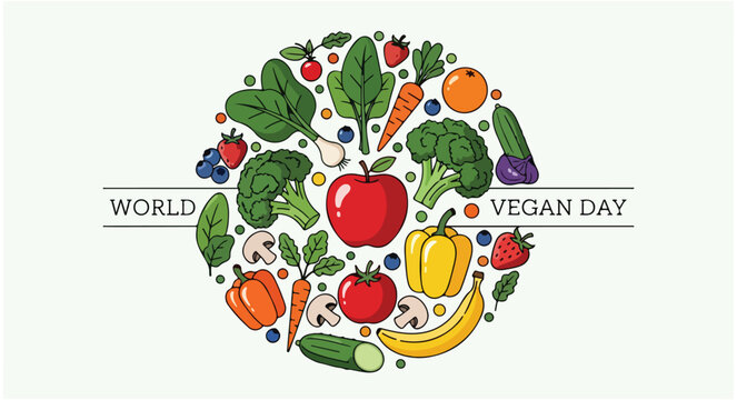 Vibrant oval of fresh fruits and vegetables celebrating world vegetarian day