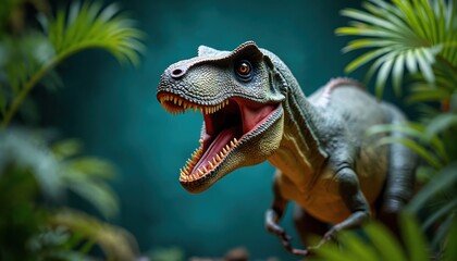 Detailed Tyrannosaurus Rex model in rich tropical foliage. Dinosaur exhibits fierce expression with open jaws, creating dramatic scene. Vibrant greens, blues highlight display, ideal for educational