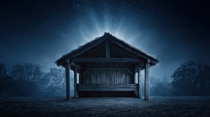 Rustic Wooden Shelter Illuminated Under a Starry Night Sky, Evoking Peace and Tranquility