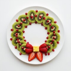 Top view plate of kiwi slices arranged in a wreath shape decorated with strawberries, pineapple, and pomegranate seeds, healthy festive holiday dessert concept
