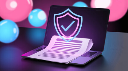 illustrated laptop with rolling document and neon shield checkmark representing policy approval privacy compliance and secure digital paperwork