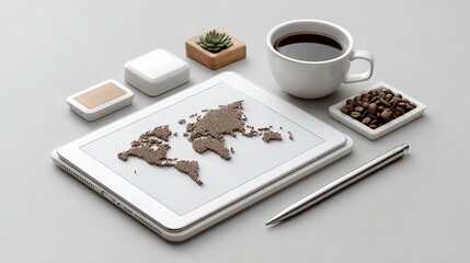 Creative Workspace with World Map Art on Tablet Surrounded by Coffee, Succulent Plant, and Stylish Accessories