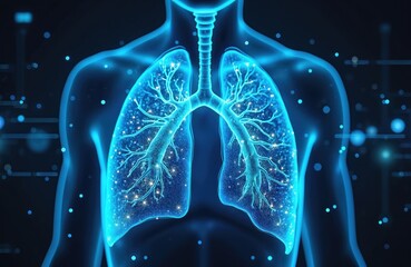 Human body with glowing blue lungs, trachea, futuristic digital health technology, respiratory system visualization, neon anatomy projection, dark background with data points, wireframe illustration.