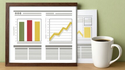 Modern Office Desk Display with Graphs, Coffee Cup, and Minimalist Wall Art for Business Environment