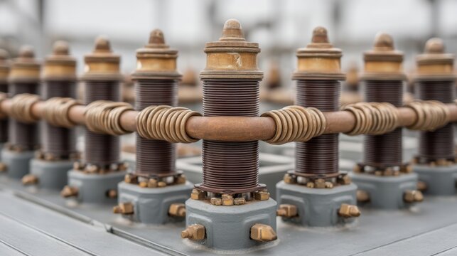 Detailed Close-Up of Electrical Insulators and Connectors in Industrial Setting with Unique Textures and Materials for Engineering Applications