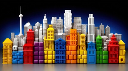 Colorful Building Blocks in Front of a Model City Skyline with a Dark Background