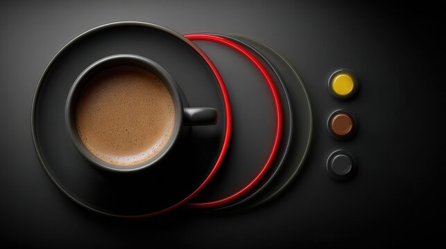 Elegant Coffee Cup on Dark Surface with Colorful Circular Patterns and Coffee Beans Accents
