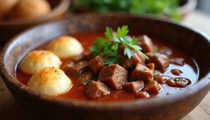 Close up photo shows traditional Czech goulash. Dish features beef stew meat bread dumplings. Garnish with parsley on top. Food served in wooden bowl.
