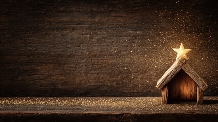Rustic Wooden Nativity Scene with a Shining Star Against a Textured Wood Background