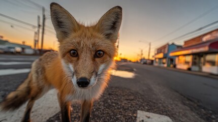Curious fox standing on a city street at sunset. AI generative