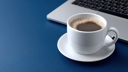 Freshly Brewed Coffee in White Cup Next to Modern Laptop on Blue Table Surface