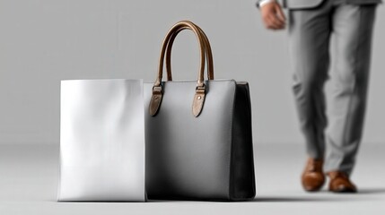 Stylish Leather Handbag and Minimalist Shopping Bag Against Elegant Background for Fashion and Lifestyle Imagery