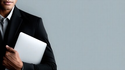 Professional man in suit holding laptop against plain gray background, ideal for business and technology themes