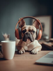 French bulldog with headphones working at laptop in cozy home office. AI generative