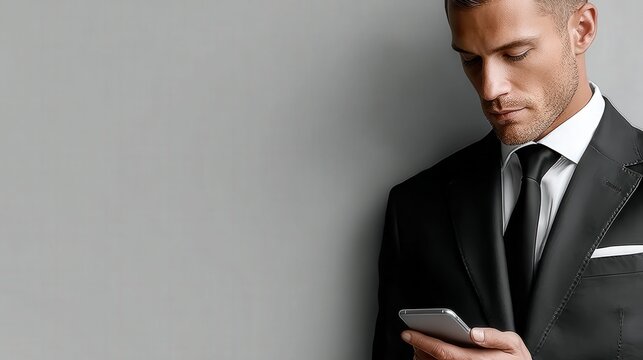 Professional man in formal suit using smartphone against neutral background with focused expression - Powered by Adobe