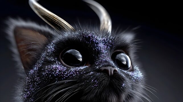 Mesmerizing close-up portrait of a mysterious and alluring domestic cat, with vibrant purple-tinged fur and striking eyes that command attention.