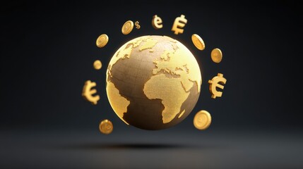 Golden globe with currency symbols surrounding it, representing global finance, economy, investment, and international trade in a modern digital age.