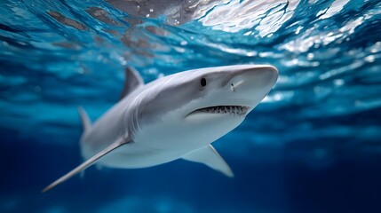 Naklejka premium A fierce shark glides effortlessly through the crystalline waters of the deep ocean, showcasing its impressive predatory prowess.