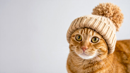 cat wearing beanie with copy space white background