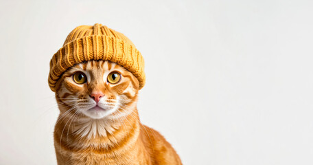 cat wearing beanie with copy space white background