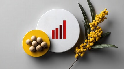 Minimalist composition of growth chart, decorative plant, and round plates showcasing business success and natural beauty