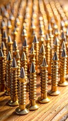 Rows of Sharp Golden Screws on Wooden Surface.