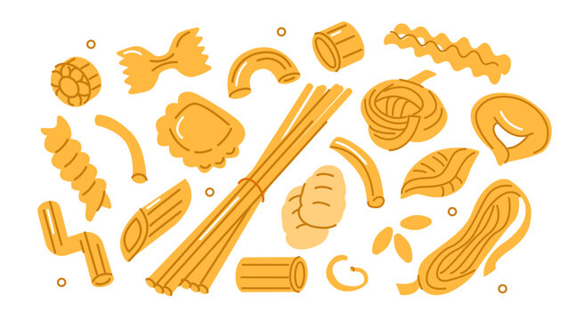 Pasta vector set. Collection of spaghetti, tagliatelle, penne, fusilli, ravioli, macaroni and other various Italian noodles types. Doodle flat illustration.