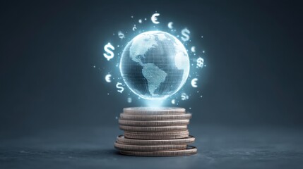 Digital Globe Surrounded by Currency Symbols Emerging from Stacked Coins in a Modern Financial Concept Design for Economic Globalization
