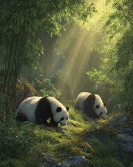 Two giant pandas in a sunlit bamboo forest. AI generative
