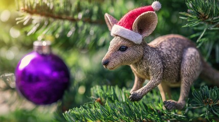 Festive Kangaroo Ornament: A Whimsical Christmas Decoration in Australian Style with Purple Bauble