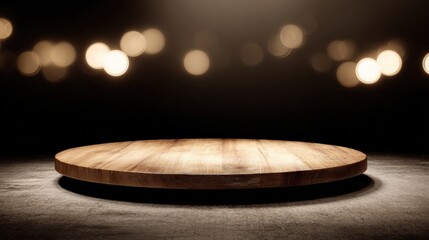 Elegant Wooden Display Podium with Bokeh Lights Background for Product Showcase and Advertisement