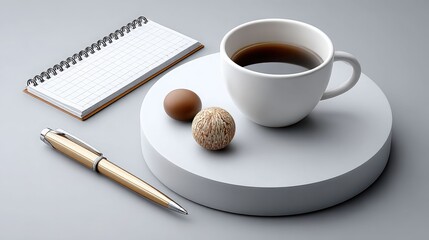 Coffee Cup, Notepad, and Decorative Objects on a Minimalist Gray Background for Creative Workspace Inspiration