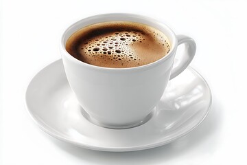 Fototapeta premium Elegant White Ceramic Coffee Cup with Fresh Espresso and Crema on Minimalist Saucer for Lifestyle and Beverage Branding