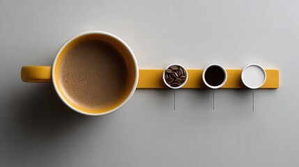 Aesthetic Coffee Arrangement with Mug, Coffee Beans, Dark Brew, and Cream on Modern Flat Surface