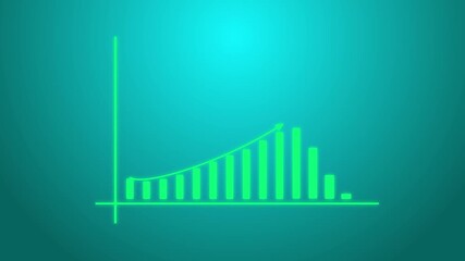 Abstract glowing neon green bar graph with declining trend on a dark teal gradient background representing data analysis and business decline - Powered by Adobe