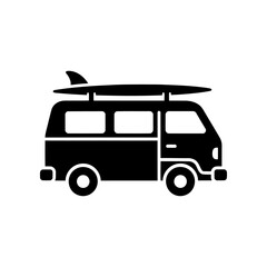 Black Silhouette Surf Van Icon with Board on Roof Rack