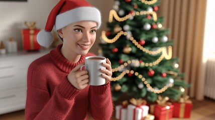 Festive Cheer - Woman Enjoying Christmas with Hot Drink.