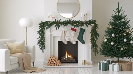 Festive Christmas Living Room with Fireplace and Decorated Tree.