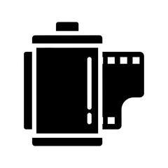 Solid Black Photography Film Roll Icon with Exposed Leader