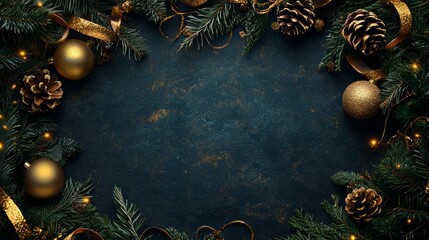 Festive arrangement of Christmas ornaments, pine cones, and evergreen branches on a dark textured background, creating a warm holiday atmosphere with copy space for seasonal greetings