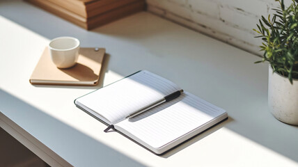 Minimalist Workspace with Notebook, Pen, and Plant on White Surface.