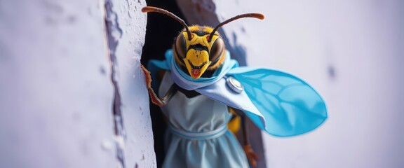A stylized insect figure resembling a wasp, wearing a blue cape and standing against a textured wall. The figure has a fierce expression and detailed features.
