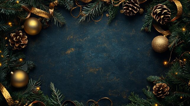 Festive arrangement of Christmas ornaments, pine cones, and evergreen branches on a dark textured background, creating a warm holiday atmosphere with copy space for seasonal greetings